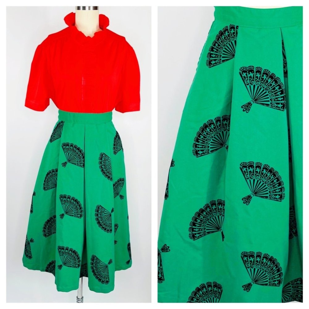 Vintage Reproduction Bettie Page Tatyana Green Fan Circle Skirt size L Large VLV